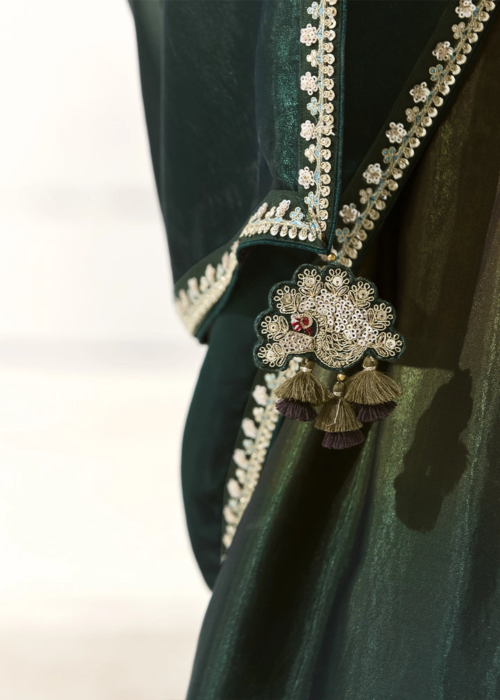 Sacramento Green Designer Tissue Organza Saree With All-Over Buttas And Hand Embroidered Blouse