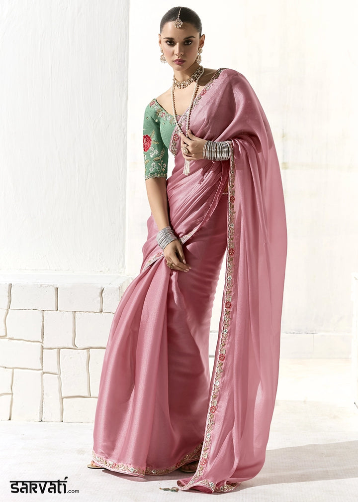 Flamingo Pink Designer Tissue Organza Saree With All-Over Buttas And Hand Embroidered Blouse