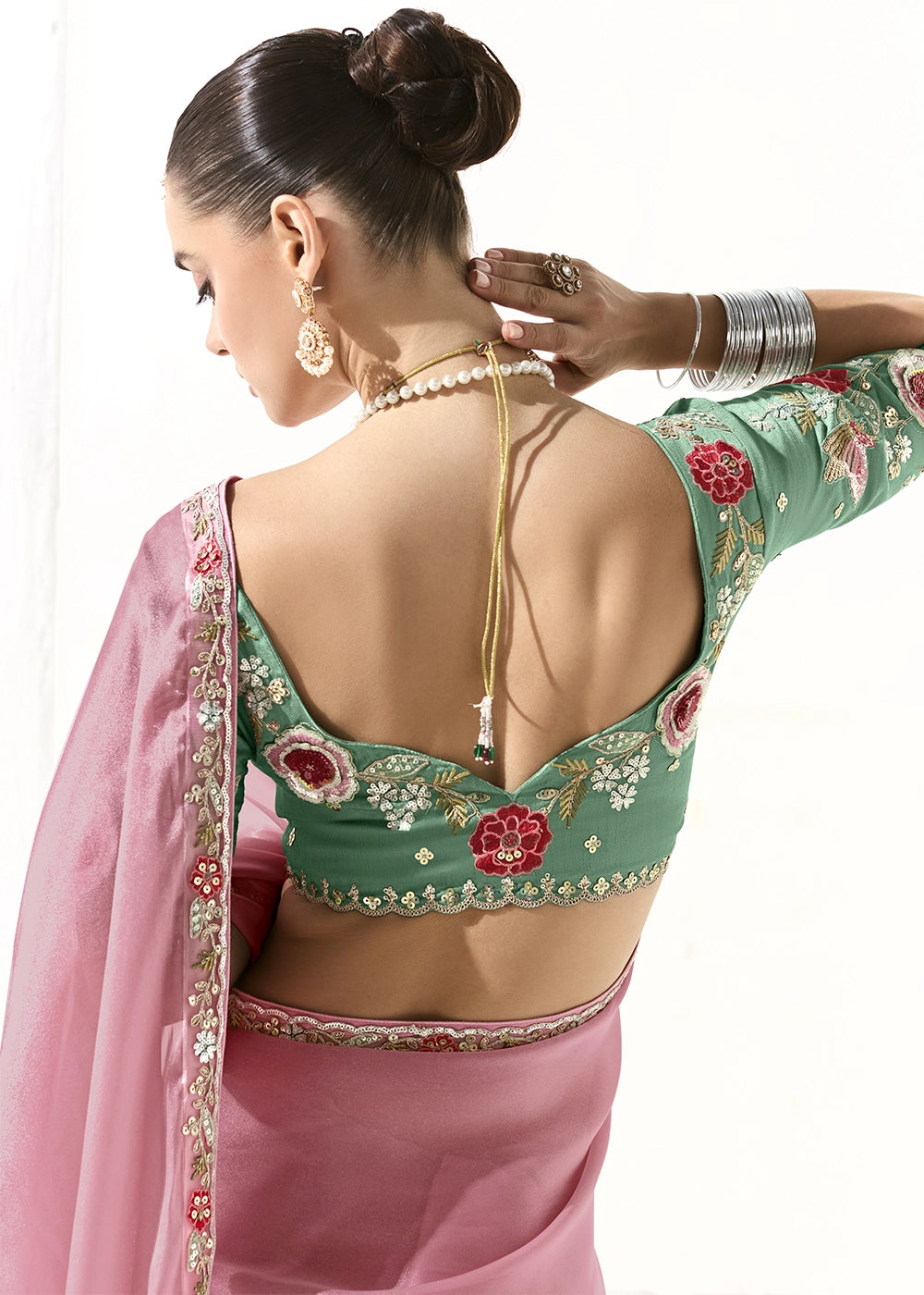 Flamingo Pink Designer Tissue Organza Saree With All-Over Buttas And Hand Embroidered Blouse