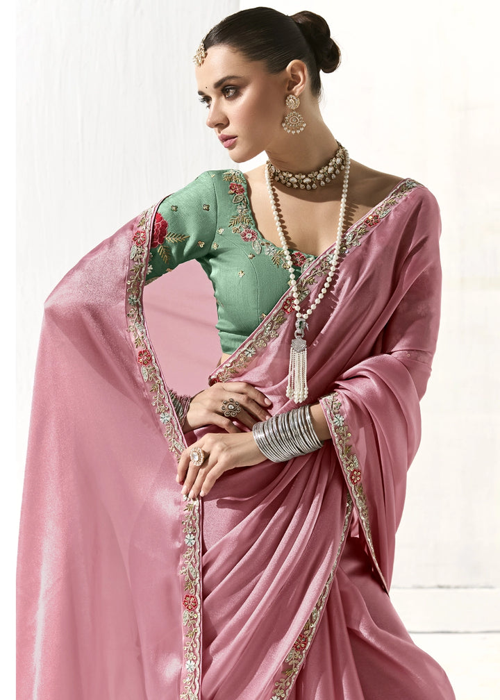 Flamingo Pink Designer Tissue Organza Saree With All-Over Buttas And Hand Embroidered Blouse