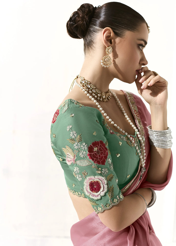 Flamingo Pink Designer Tissue Organza Saree With All-Over Buttas And Hand Embroidered Blouse