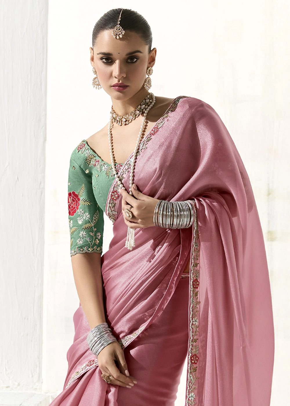 Flamingo Pink Designer Tissue Organza Saree With All-Over Buttas And Hand Embroidered Blouse