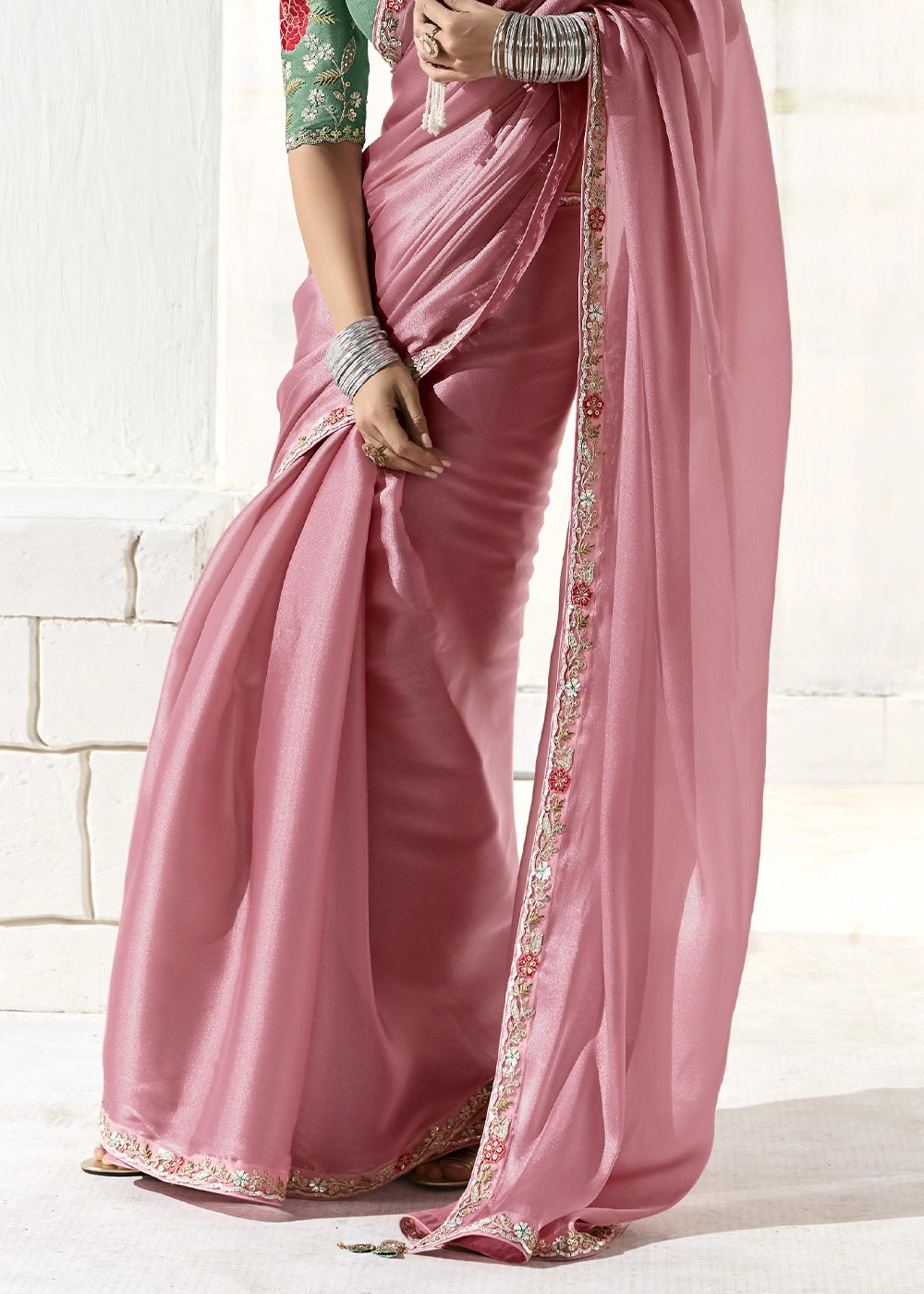 Flamingo Pink Designer Tissue Organza Saree With All-Over Buttas And Hand Embroidered Blouse