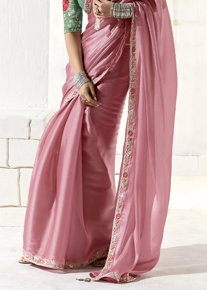 Flamingo Pink Designer Tissue Organza Saree With All-Over Buttas And Hand Embroidered Blouse
