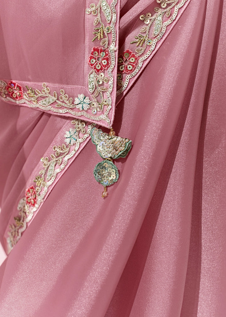 Flamingo Pink Designer Tissue Organza Saree With All-Over Buttas And Hand Embroidered Blouse