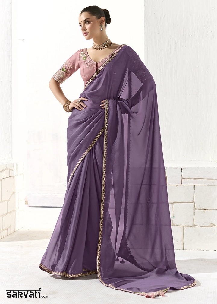 Iris Purple Designer Tissue Organza Saree With All-Over Buttas And Hand Embroidered Blouse