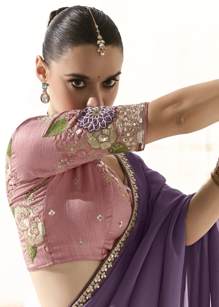 Iris Purple Designer Tissue Organza Saree With All-Over Buttas And Hand Embroidered Blouse
