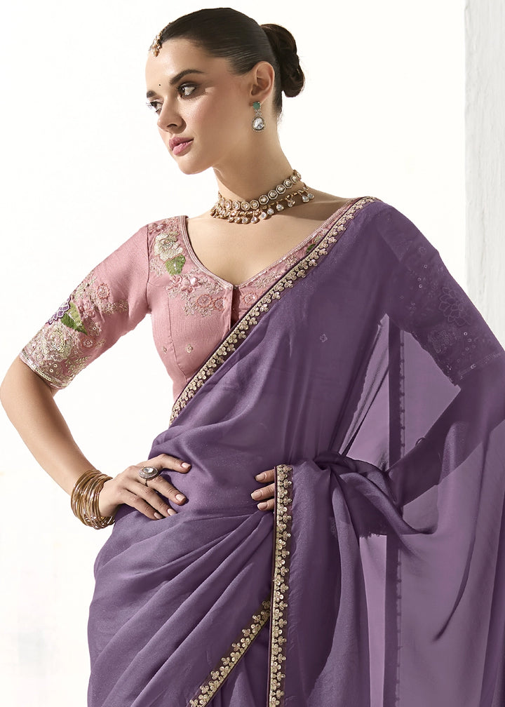 Iris Purple Designer Tissue Organza Saree With All-Over Buttas And Hand Embroidered Blouse