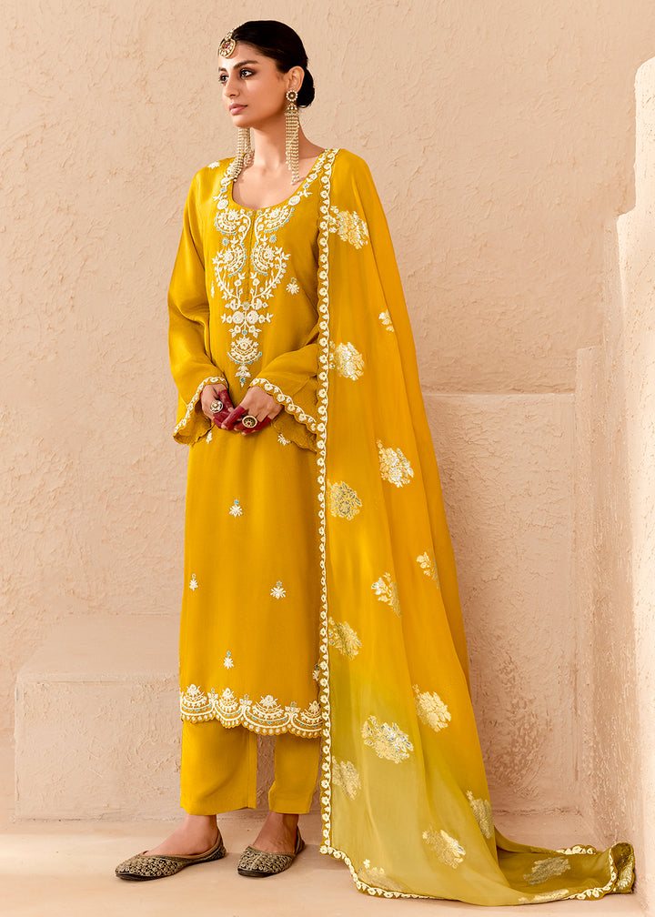 Canary Yellow Silk Suit with Handcrafted Pearl Dori Work