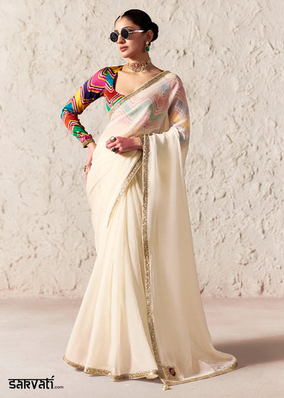 Rice White Tissue Saree with Dhaga,Thread & Sequin Embellishments