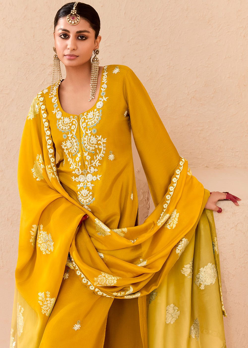 Canary Yellow Silk Suit with Handcrafted Pearl Dori Work