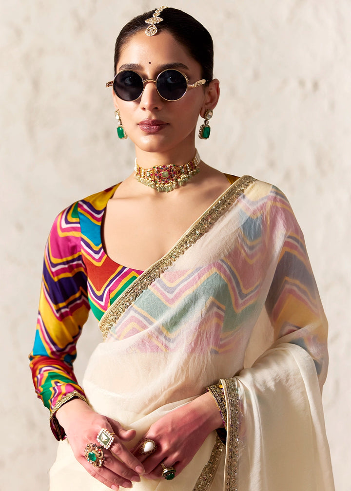 Rice White Tissue Saree with Dhaga,Thread & Sequin Embellishments