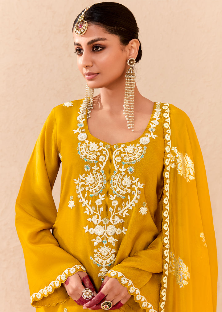 Canary Yellow Silk Suit with Handcrafted Pearl Dori Work