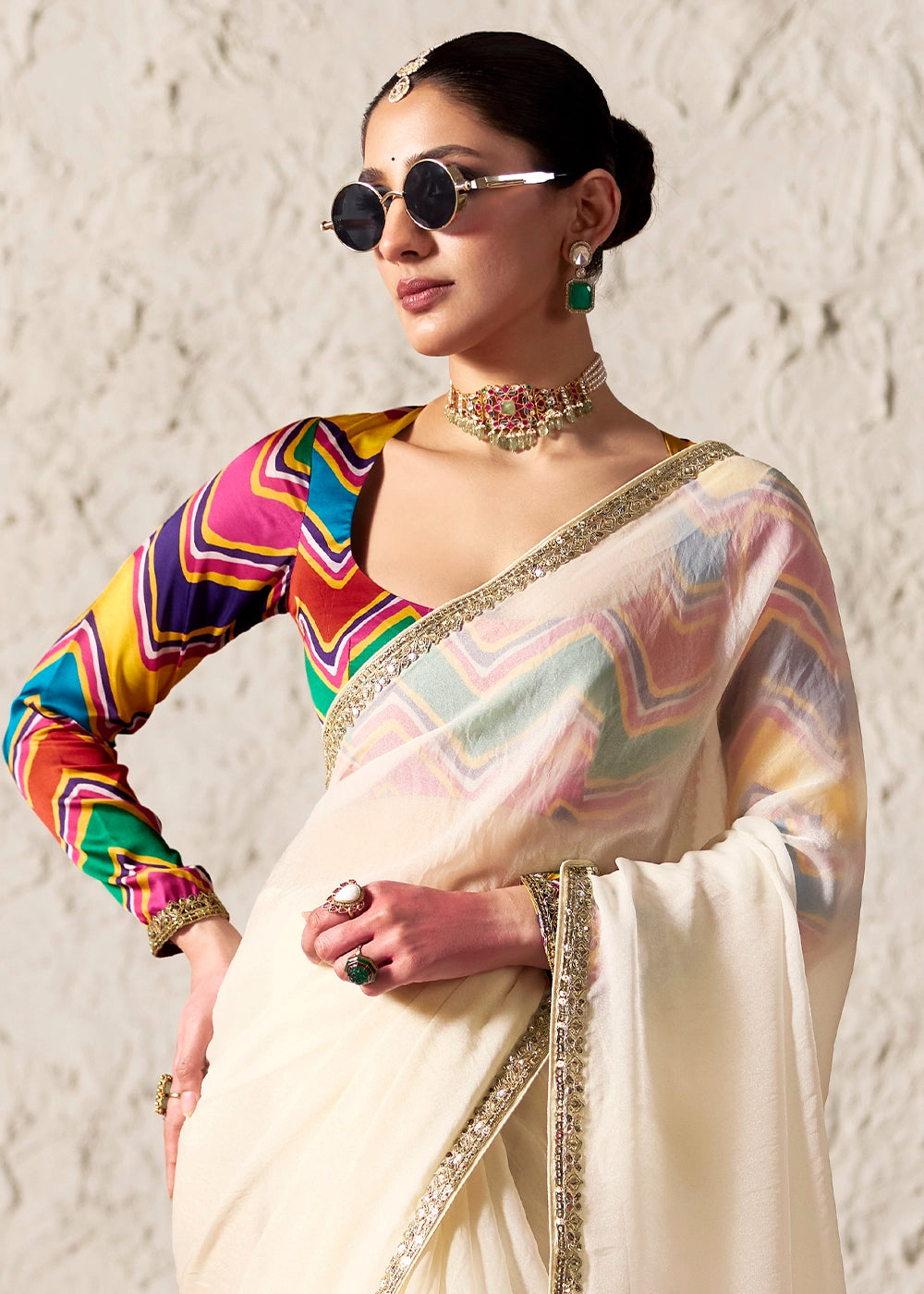 Rice White Tissue Saree with Dhaga,Thread & Sequin Embellishments