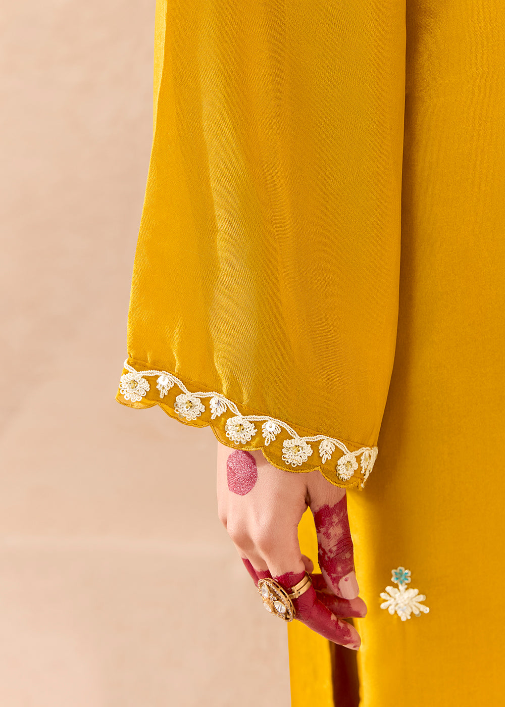 Canary Yellow Silk Suit with Handcrafted Pearl Dori Work