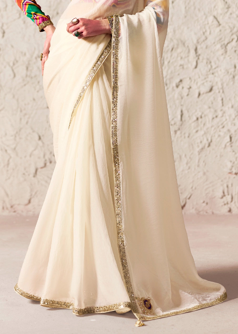 Rice White Tissue Saree with Dhaga,Thread & Sequin Embellishments