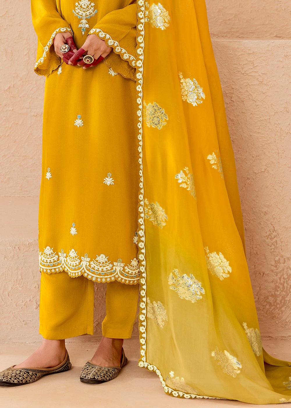 Canary Yellow Silk Suit with Handcrafted Pearl Dori Work