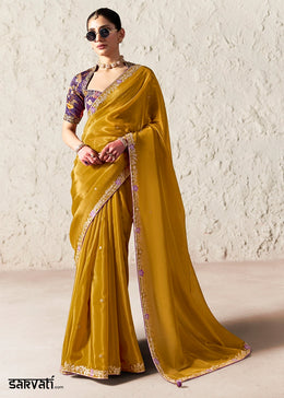 Mustard Yellow Tissue Saree with Dhaga,Thread & Sequin Embellishments