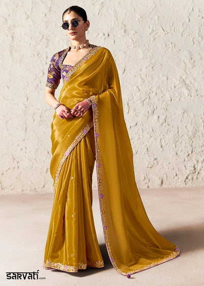 Mustard Yellow Tissue Saree with Dhaga,Thread & Sequin Embellishments