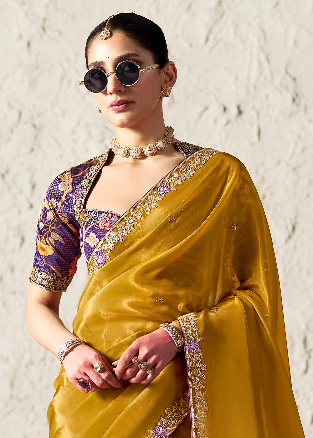 Mustard Yellow Tissue Saree with Dhaga,Thread & Sequin Embellishments