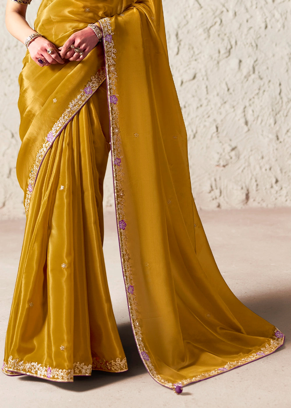 Mustard Yellow Tissue Saree with Dhaga,Thread & Sequin Embellishments