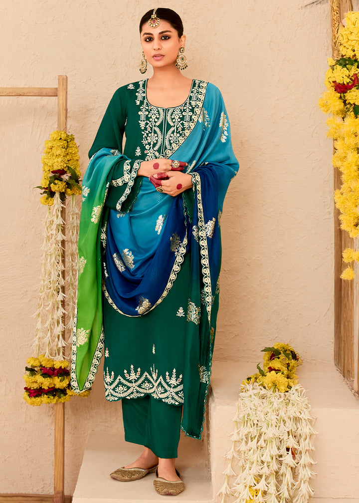 Sacramento Green Silk Suit with Handcrafted Pearl Dori Work