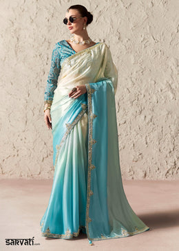 White & Blue Tissue Saree with Dhaga,Thread & Sequin Embellishments