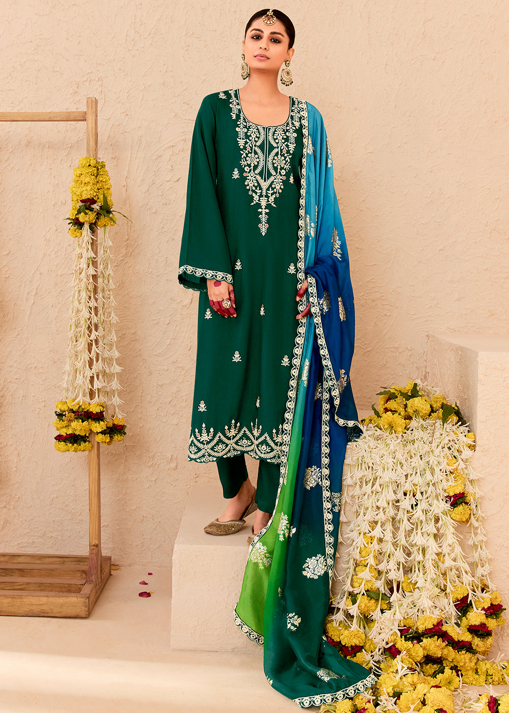 Sacramento Green Silk Suit with Handcrafted Pearl Dori Work