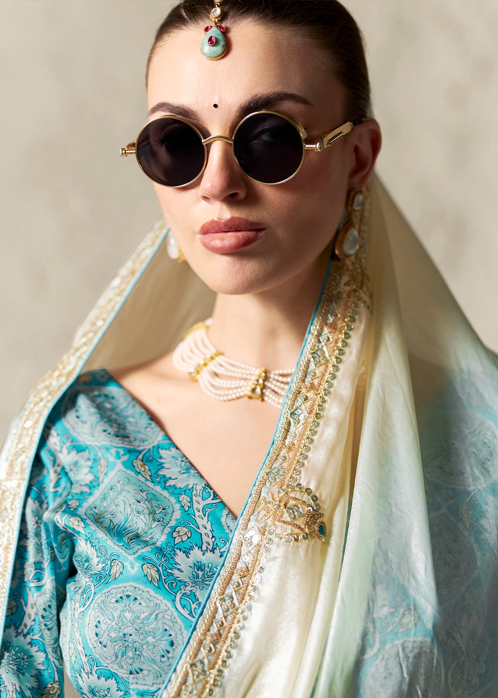 White & Blue Tissue Saree with Dhaga,Thread & Sequin Embellishments