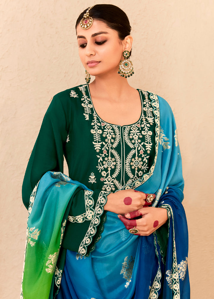 Sacramento Green Silk Suit with Handcrafted Pearl Dori Work