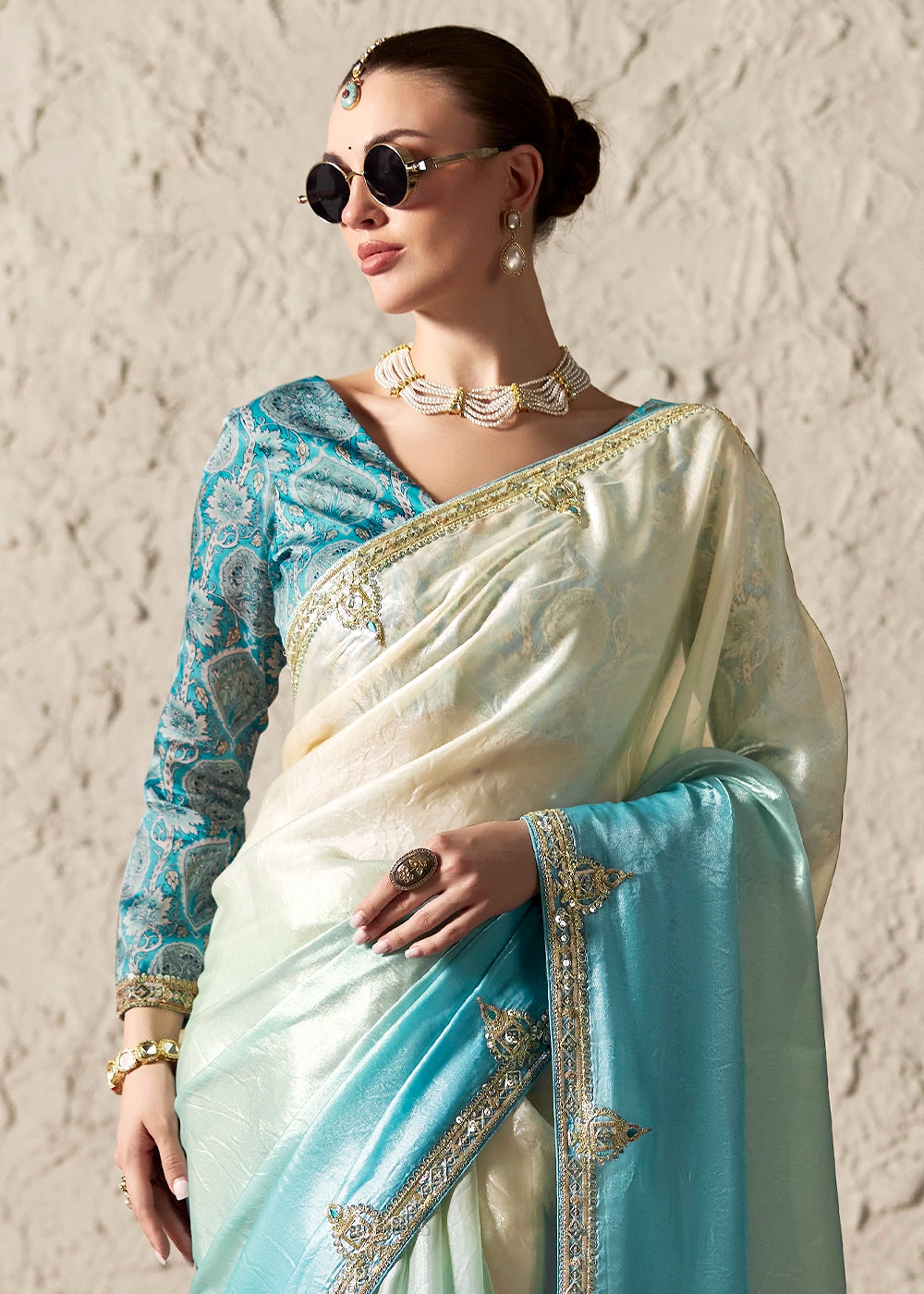 White & Blue Tissue Saree with Dhaga,Thread & Sequin Embellishments