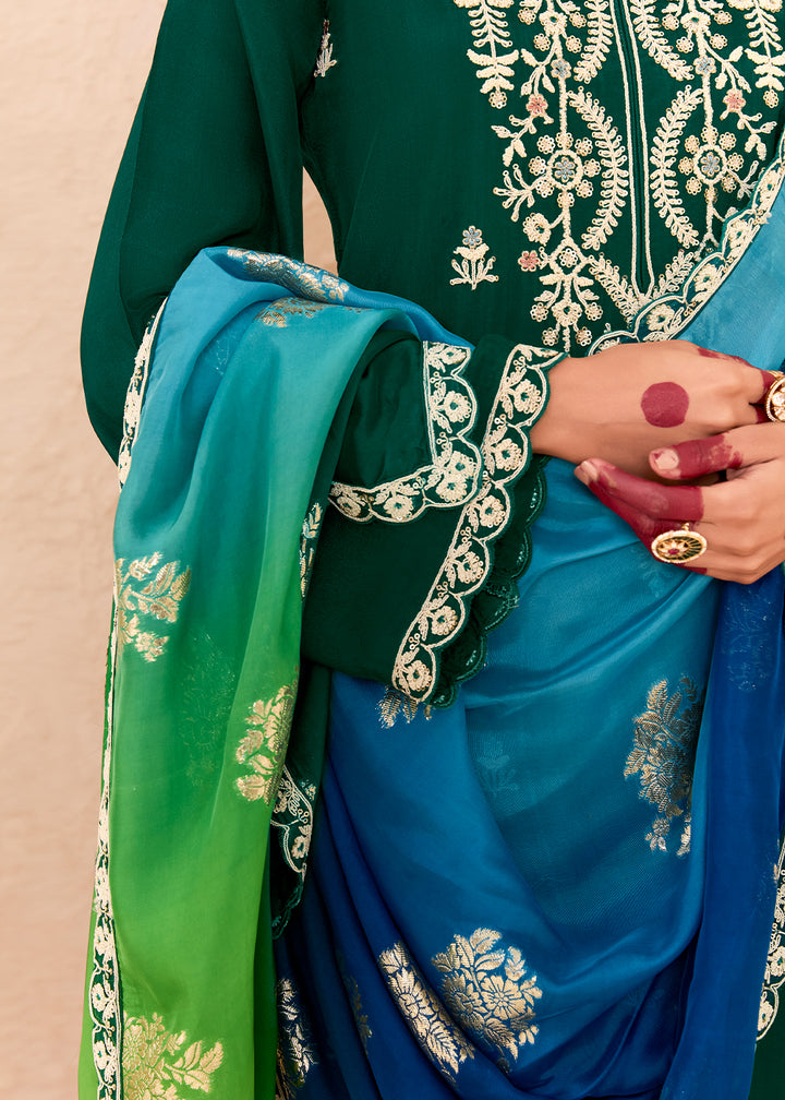 Sacramento Green Silk Suit with Handcrafted Pearl Dori Work