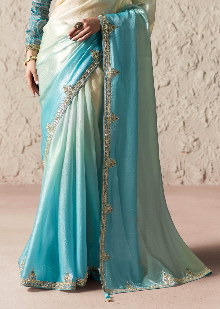 White & Blue Tissue Saree with Dhaga,Thread & Sequin Embellishments