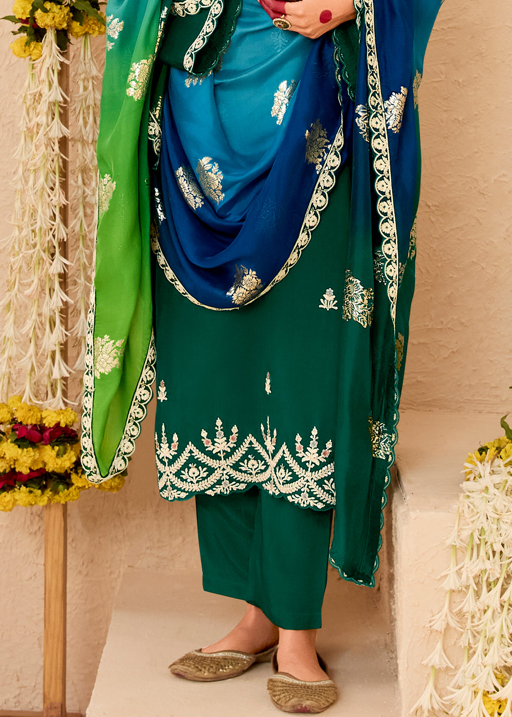 Sacramento Green Silk Suit with Handcrafted Pearl Dori Work