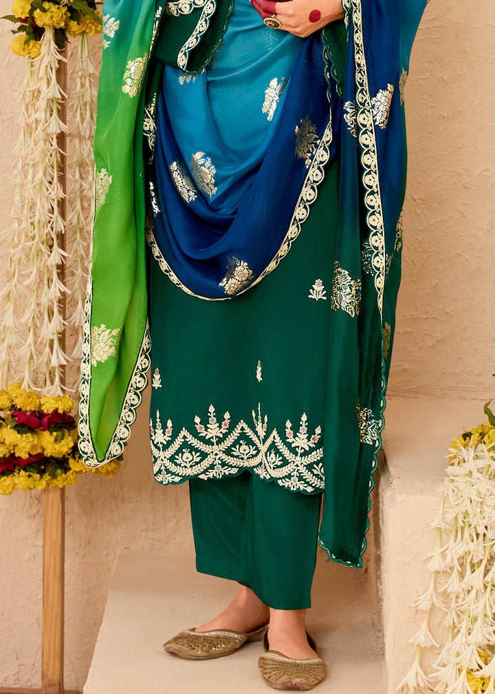 Sacramento Green Silk Suit with Handcrafted Pearl Dori Work