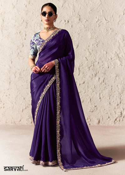 Indigo Purple Tissue Saree with Dhaga,Thread & Sequin Embellishments