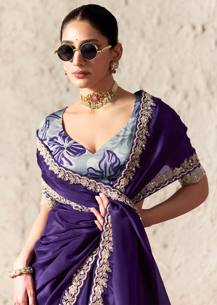 Indigo Purple Tissue Saree with Dhaga,Thread & Sequin Embellishments