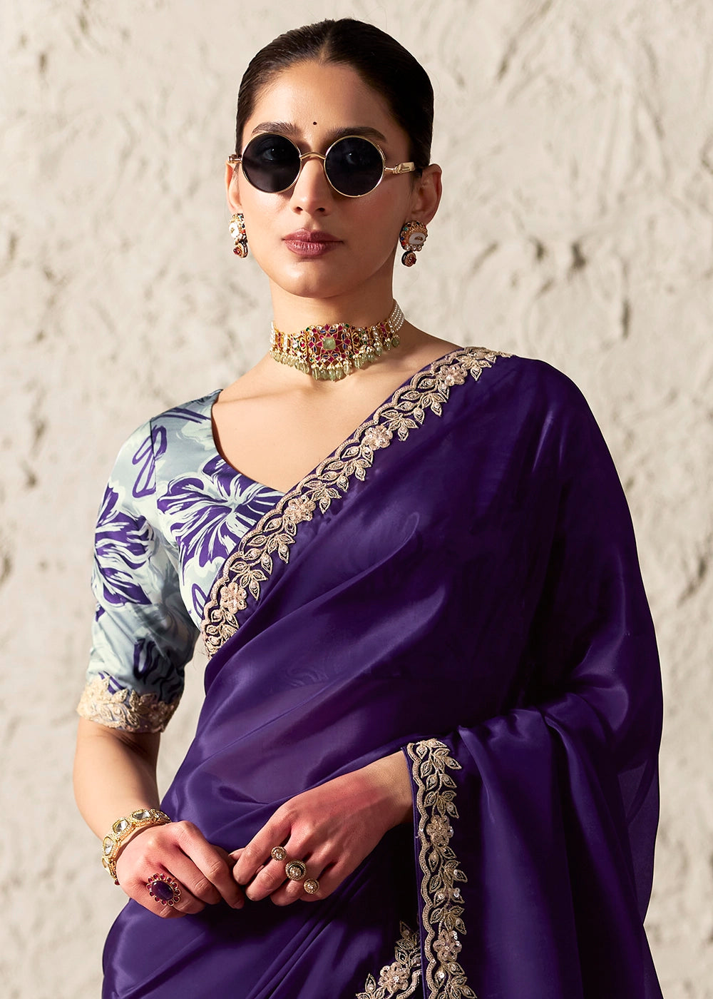 Indigo Purple Tissue Saree with Dhaga,Thread & Sequin Embellishments