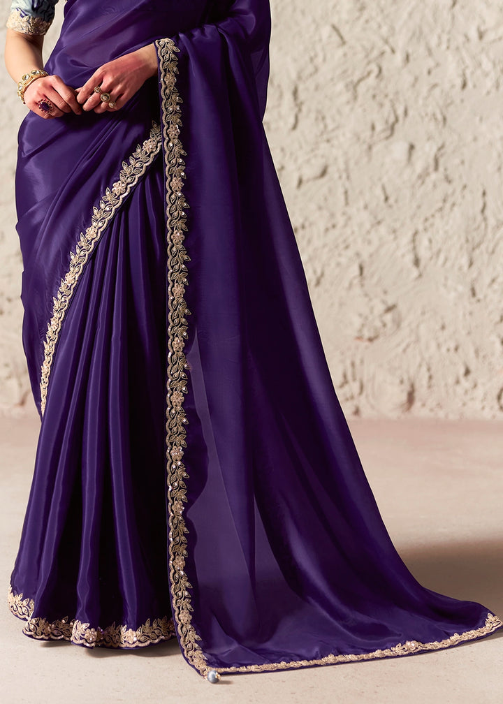 Indigo Purple Tissue Saree with Dhaga,Thread & Sequin Embellishments