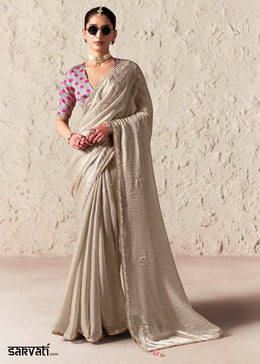 Mink Grey Tissue Saree with Dhaga,Thread & Sequin Embellishments