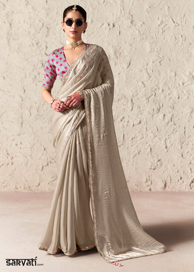 Mink Grey Tissue Saree with Dhaga,Thread & Sequin Embellishments