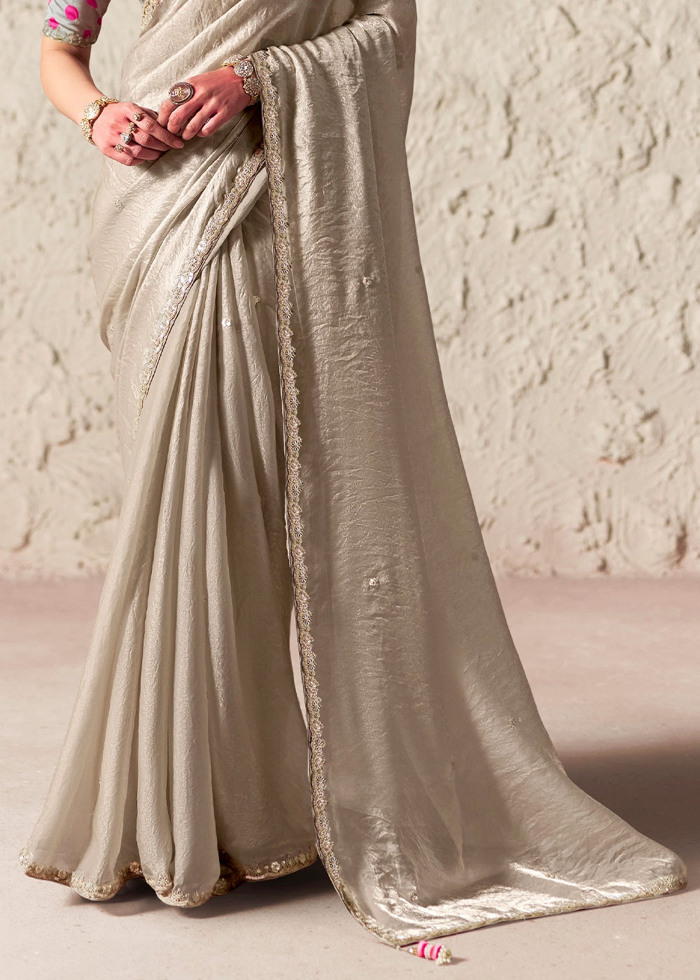 Mink Grey Tissue Saree with Dhaga,Thread & Sequin Embellishments