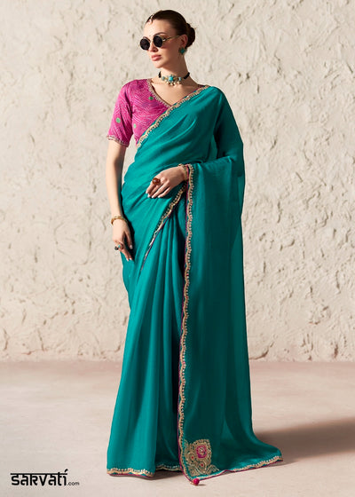 Teal Green Tissue Saree with Dhaga,Thread & Sequin Embellishments