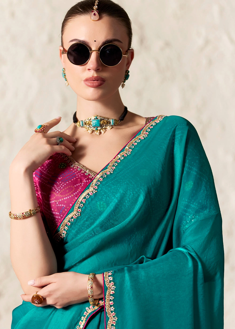 Teal Green Tissue Saree with Dhaga,Thread & Sequin Embellishments
