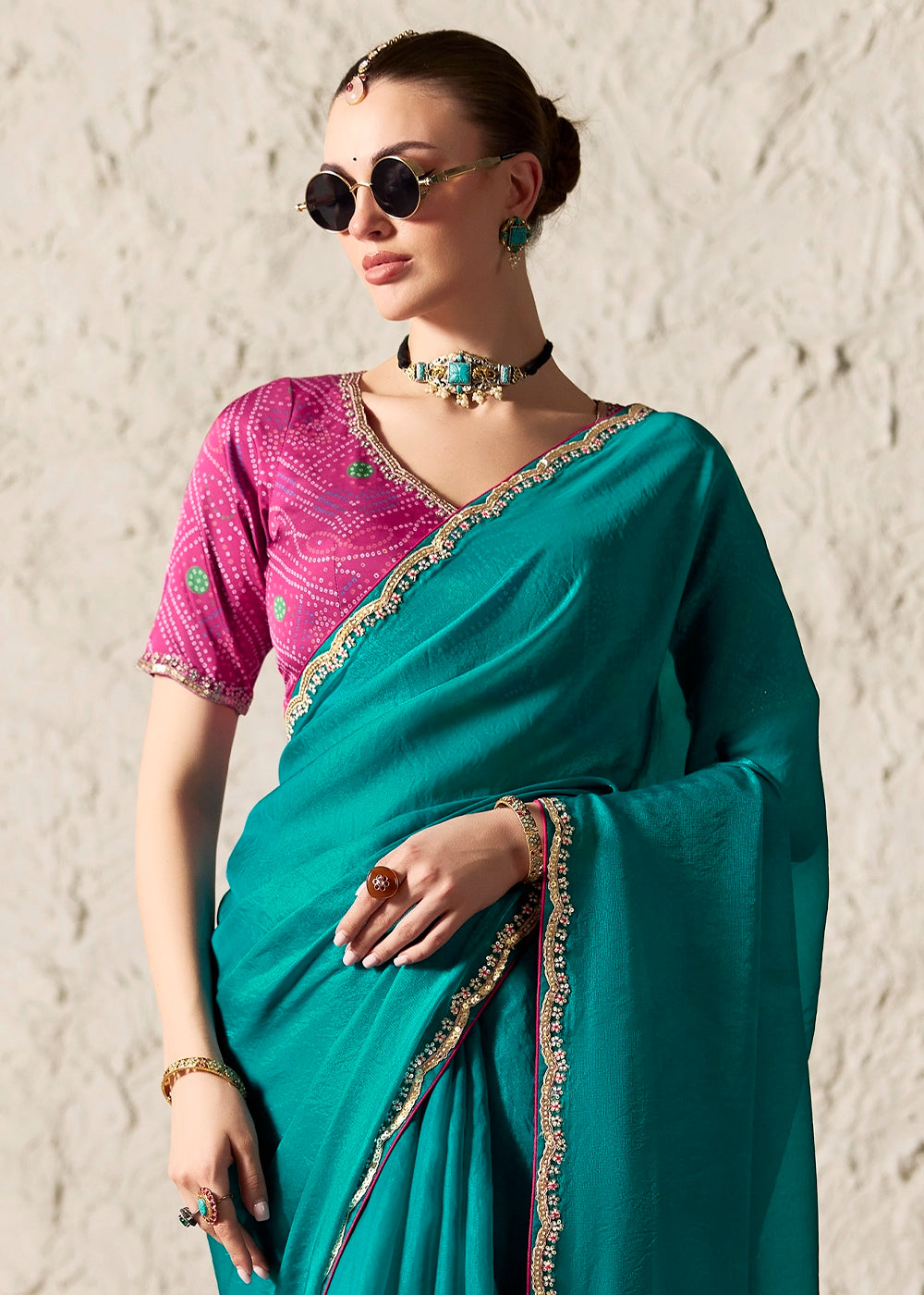 Teal Green Tissue Saree with Dhaga,Thread & Sequin Embellishments