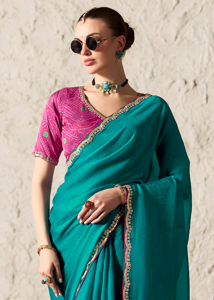Teal Green Tissue Saree with Dhaga,Thread & Sequin Embellishments