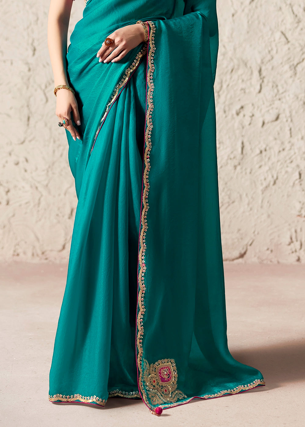 Teal Green Tissue Saree with Dhaga,Thread & Sequin Embellishments