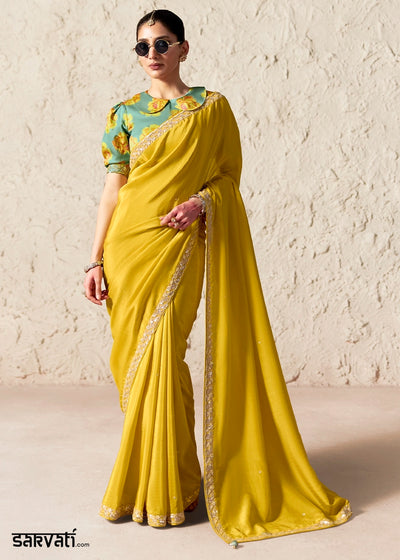 Cyber Yellow Tissue Saree with Dhaga,Thread & Sequin Embellishments
