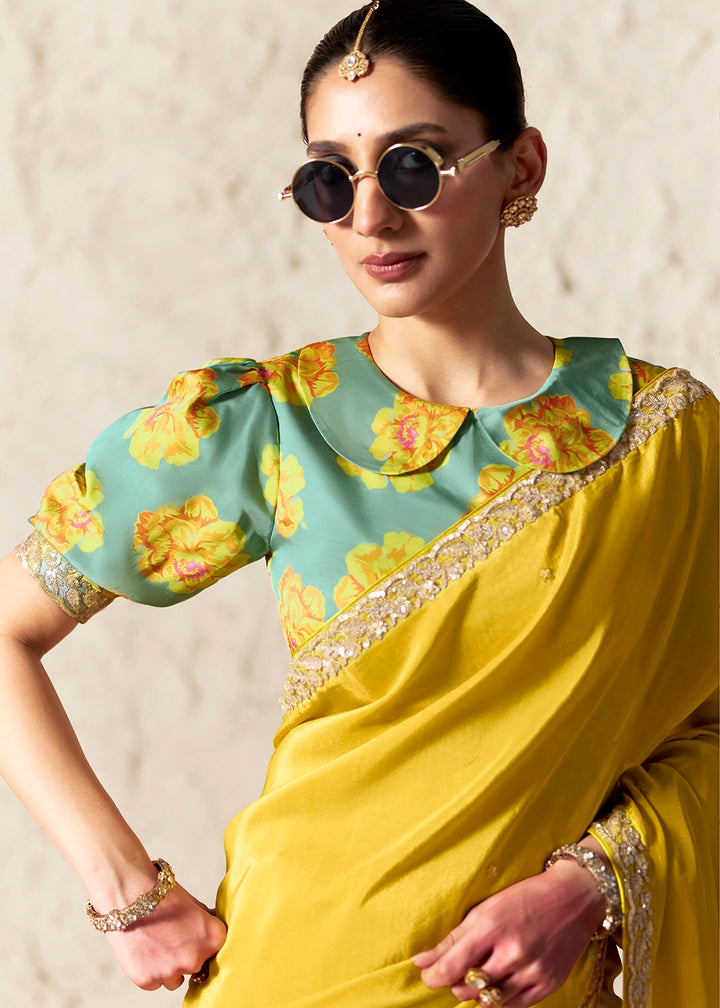Cyber Yellow Tissue Saree with Dhaga,Thread & Sequin Embellishments