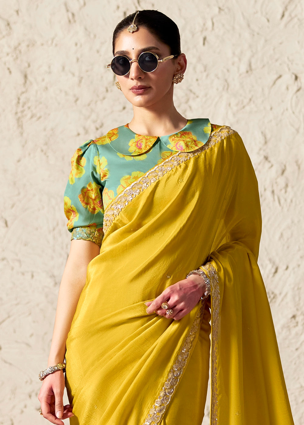 Cyber Yellow Tissue Saree with Dhaga,Thread & Sequin Embellishments